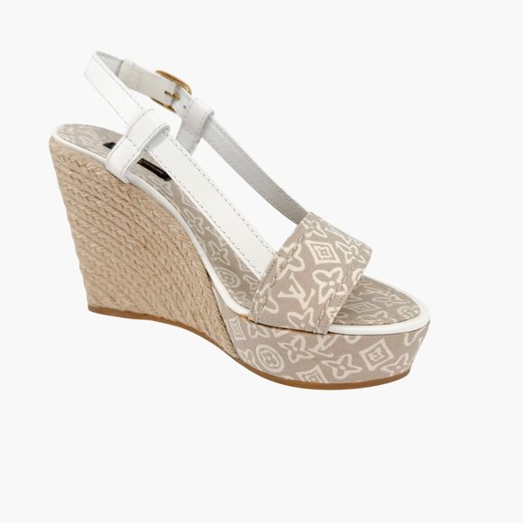Louis Vuitton Espadrille Wedge Sandals Size 38.5 US 8.5 Beige LV Canvas Platform - Picture 11 of 14